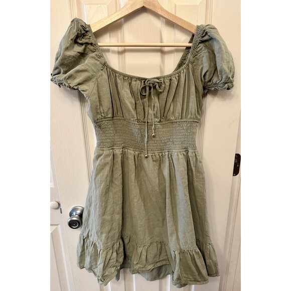 Lillusory Sage Green Dress Smocking Sweet‎ Feminine 100% Cotton Size Large EUC - Picture 1 of 8